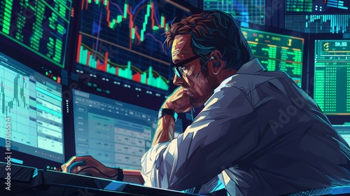Detailed portrait of an anxious market trader at his desk, surrounded by screens filled with fluctuating stock data and financial graphs photo