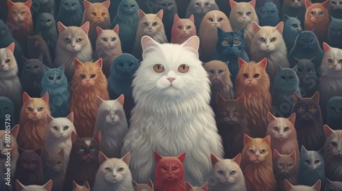 Dramatic portrait of a white cat asserting its presence among a diverse crowd, highlighting themes of individuality and the bravery to lead photo