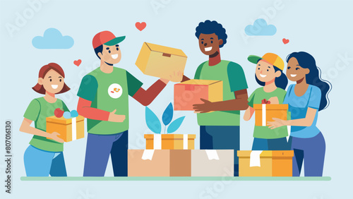 Volunteers eagerly unboxing a shipment of new donations curious to see what treasures might be inside.. Vector illustration