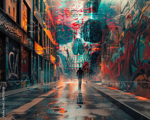 Craft a digital collage merging CG 3D elements of clandestine agents with photorealistic street art infused with nanotechnology, creating a modern espionage masterpiece photo