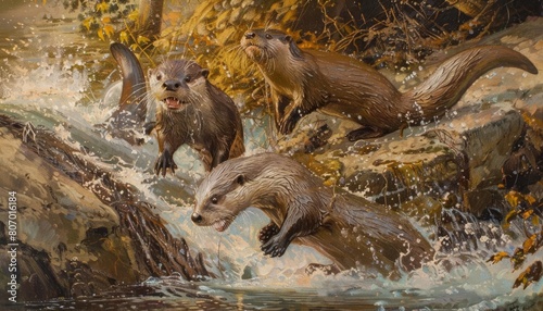 A playful river otter family slipping and sliding down a riverbank into the water