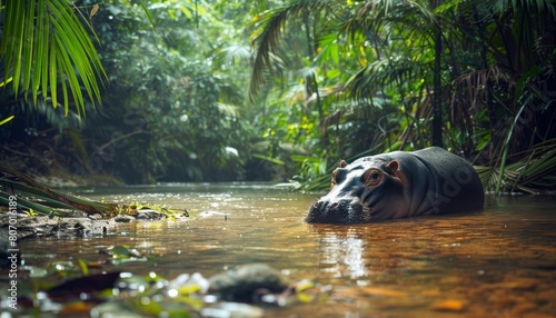 A pygmy hippo basking in a shallow riverbed under the rainforest canopy photo