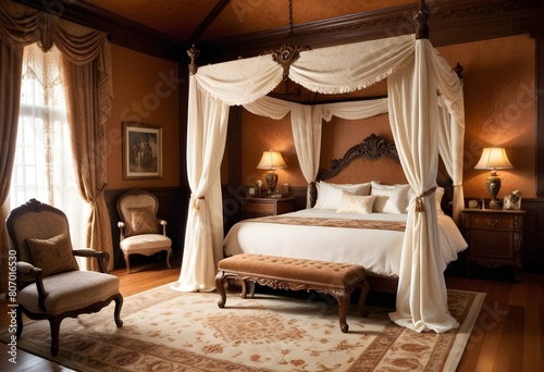  A luxurious and ornate bedroom with a large four-poster bed, antique furniture, and elaborate curtains and decor. The room has a warm, traditional and opulent feel.