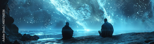 Craft a mesmerizing digital artwork featuring a rear view of two ethereal beings engrossed in a profound philosophical discussion amidst the grandeur of a futuristic underwater rea photo