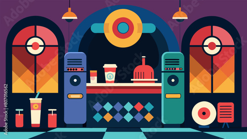 A trendy bar with a retro feel complete with vinyl record coasters and a digital jukebox for patrons to choose their own music. Vector illustration