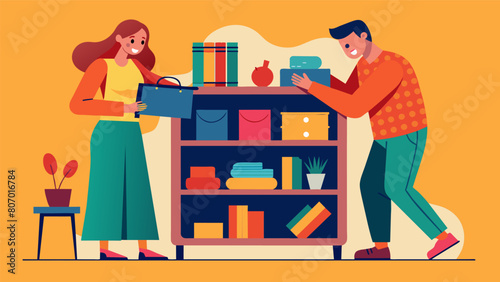 Between browsing the racks the couple enjoys a game of who can find the weirdest item in the thrift store.. Vector illustration