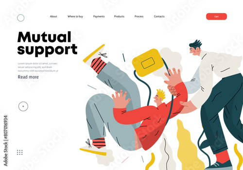 Mutual Support, Assisting Falling Person- modern flat vector concept illustration of man slipping, another supports him, preventing fall. Metaphor of voluntary, collaborative exchange of service