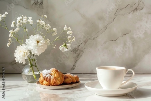 Mesa de mármol con un desayuno de croissants espolvoreados y café en taza blanca, acompañados de un jarrón con flores blancas