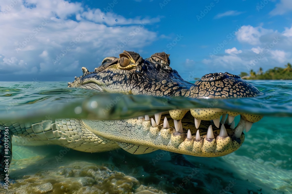 Fototapeta premium A saltwater crocodile lurking just below the water s surface, its jaws opening slowly