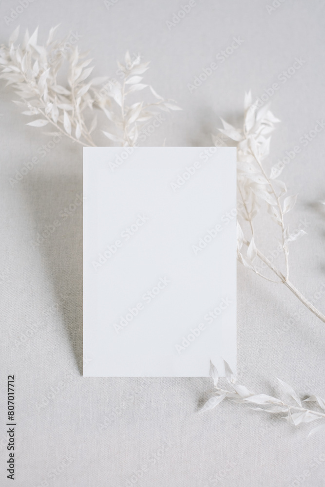 Natural 2x3 Card Mockup on Linen Backdrop with White Ruscus Branch Natural 2x3 Card Mockup on Linen Backdrop with White Ruscus Branch