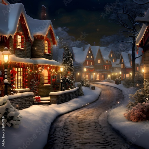 Winter village at night with houses and lanterns. Christmas landscape.