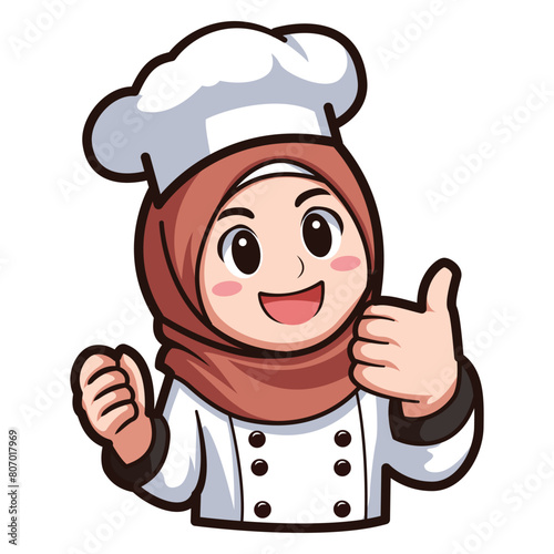 cute happy chef hijab shows thumb up vector illustration template design. moslem woman cooking