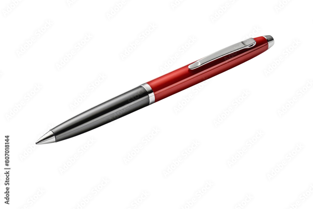Red and black metal twist action ballpoint pen with shiny silver accents. Red and black metal twist action ballpoint pen with shiny silver accents.