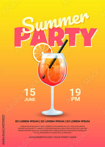 Aperol Spritz cocktail. Hello summer party. Event poster, invitation card. Vector illustration.