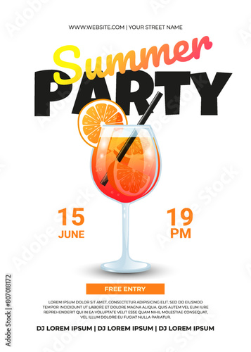 Aperol Spritz cocktail. Hello summer party. Event poster, invitation card. Vector illustration.