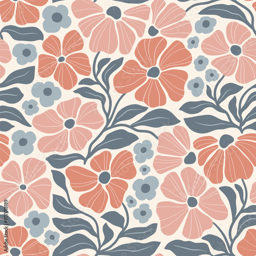 Seamless vector pattern with hand drawn groovy vintage flowers. Perfect for textile  wallpaper or print design.