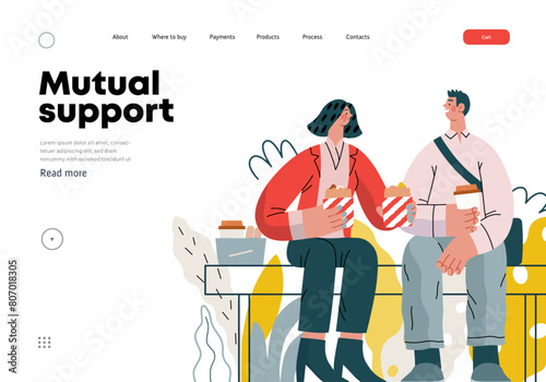 Mutual Support: Share food -modern flat vector concept illustration of woman offering half of her lunch to colleague in the park. A metaphor of voluntary, collaborative exchanges of resource, services