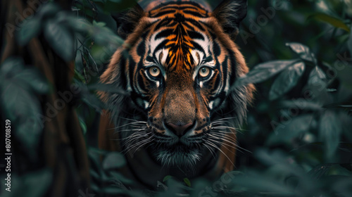A tiger lurks from the shadows of the dense forest foliage