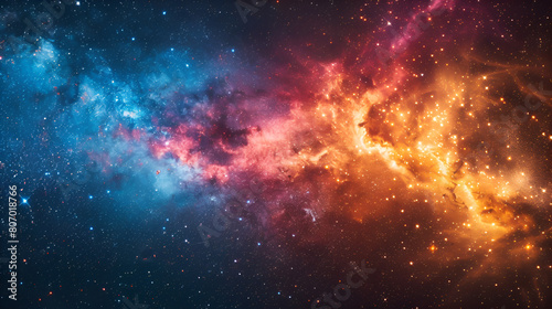 Bright Colored Background with Dust of Stars,
A vibrant and dynamic space scene brimming with numerous stars illuminating the darkness A vibrant tapestry of stars and cosmic dust in a wide galaxy photo