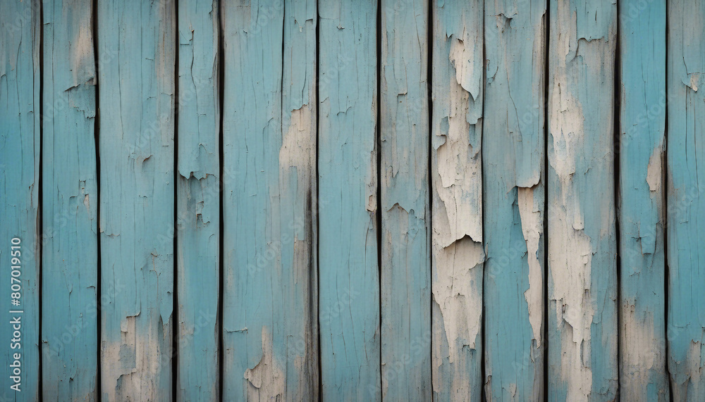 Fototapeta premium Bluish texture of weathered wooden wall with peeling old paint and cracks