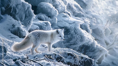 A snowwhite Arctic fox navigating icy terrain in search of shelter and prey photo