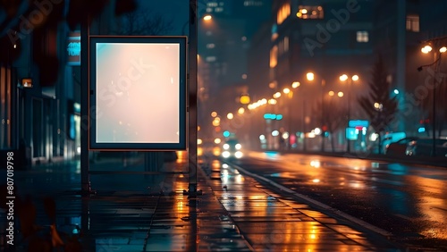 Mockup of white vertical advertising banner on sidewalk billboard stand at night. Concept Advertisement Design, Banner Mockup, Sidewalk Billboard, Night Scene, Marketing Campaign
