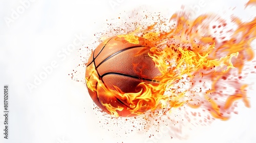 Flying basketball ball with fire flame trails, vector sport game background. sport ball flying in fire flames in white background, fireball burning in speed motion.