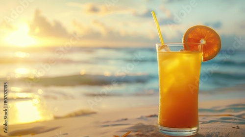 Refreshing summer drink with beach backdrop.
