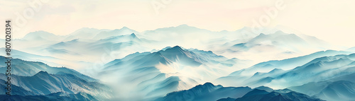 Explore an endless mountain range in a panoramic watercolor landscape