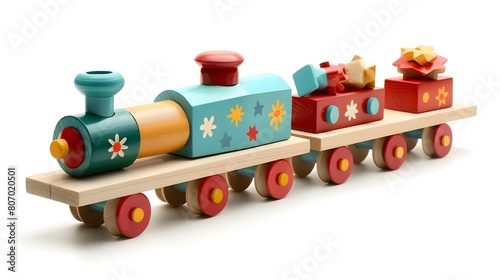 Colorful Wooden Toy Train with Gifts on White Background