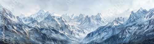 Explore an endless mountain range in a panoramic watercolor landscape photo