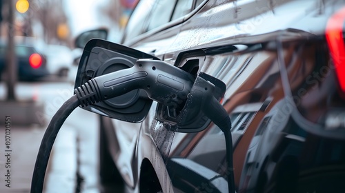 Electric Vehicle Charging Plugged into Charger on City Street
