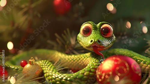 Cute Christmas Snake Among Pine Branches and Ornaments