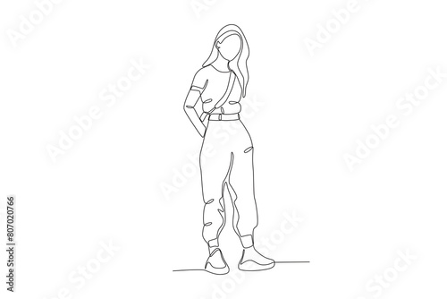 Continuous one line drawing of Women wearing casual clothes  plain clothes and sling bags. Stylish accessories man and women. Dynamic one line draw graphic design vector illustration 