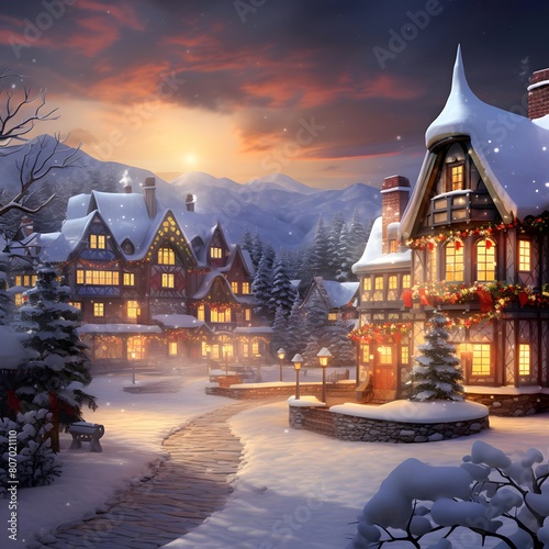 Christmas and New Year landscape with houses in the mountains. 3d render © Michelle