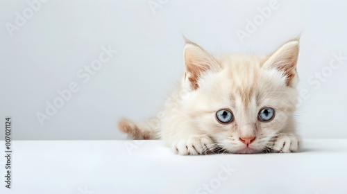 Cute Cream Kitten with Blue Eyes Lying on White Background