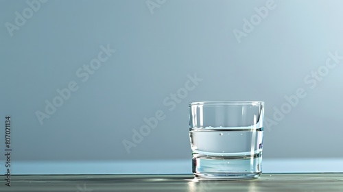 Clear Glass of Water on Reflective Surface with Blue Background