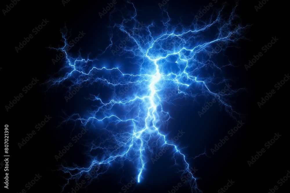 Lightning bolt or electric thunderbolt strikes in a stormy and cloudy blue night sky isolated on a dark background. Generative AI.