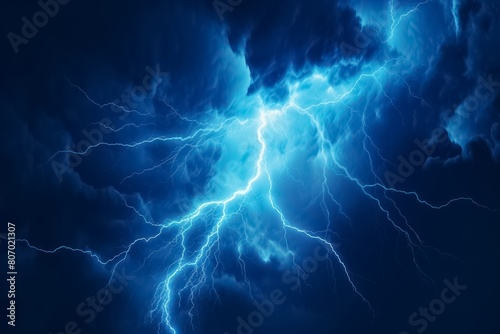 Lightning bolt or electric thunderbolt strikes in a stormy and cloudy blue night sky isolated on a dark background. Generative AI.