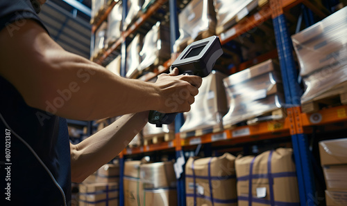 Worker hand man scanning package with warehouse barcod .  Barcode Scanning in Warehouse photo