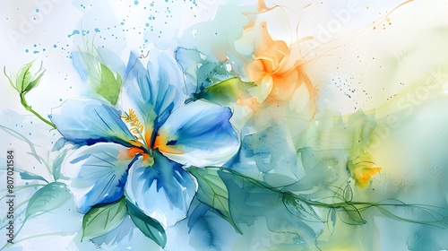 Elegant Watercolor Painting of Blue and Orange Flowers with Leaves and Abstract Background