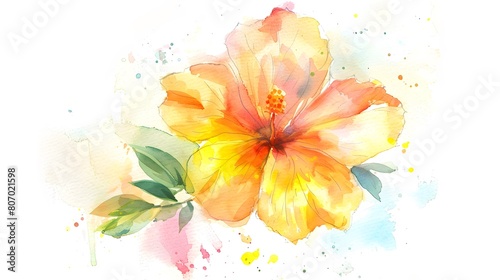 Delicate Watercolor Painting of Yellow and Orange Hibiscus Flower with Leaves