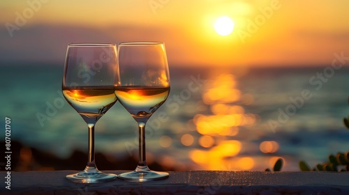 Two White Wine Glasses Overlooking Ocean Sunset with Bokeh Reflection