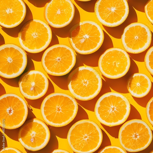 A close up of many orange slices on a yellow background. The slices are arranged in a way that creates a sense of depth and texture