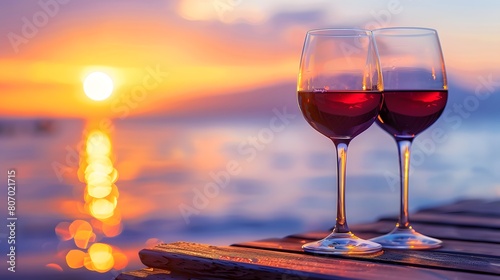 Romantic Sunset with Two Red Wine Glasses on Wooden Table by the Sea
