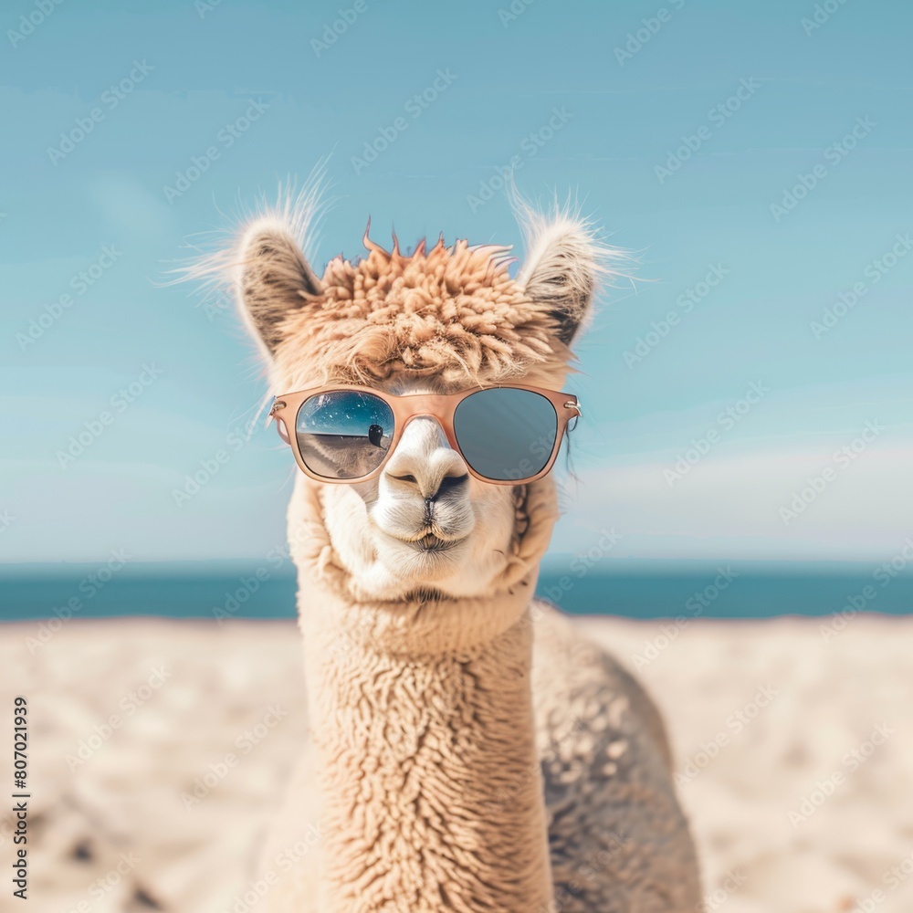 Fototapeta premium A tight shot of a llama donning sunglasses on a sandy beach Behind it, a tranquil body of water merges with a expansive, cloud-speck