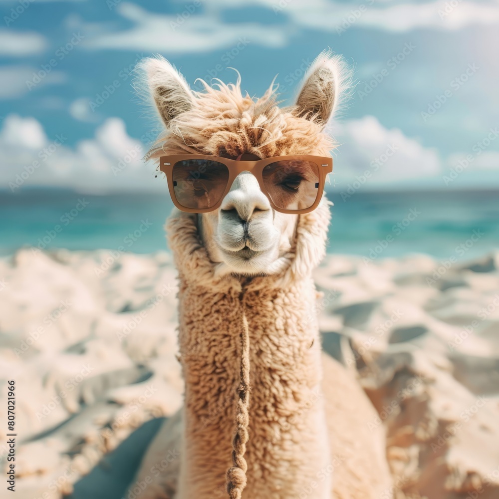 Obraz premium A tight shot of a llamasdonning sunglasses on a sandy beach Behind them, the expansive ocean and blue sky