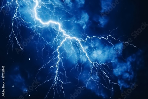 Lightning bolt or electric thunderbolt strikes in a stormy and cloudy blue night sky isolated on a dark background. Generative AI.