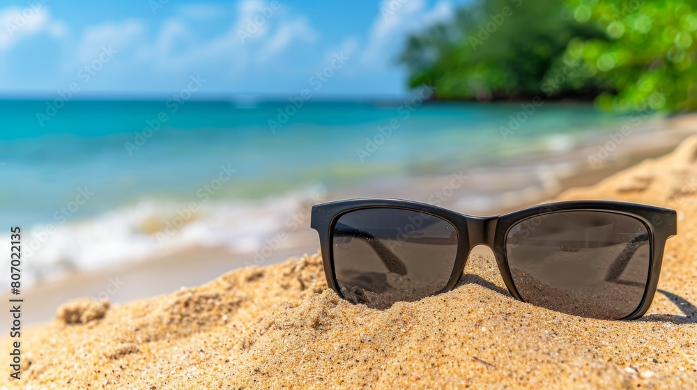   A pair of black sunglasses rests atop a sandy beach, near a tranquil body of water and trees in the background