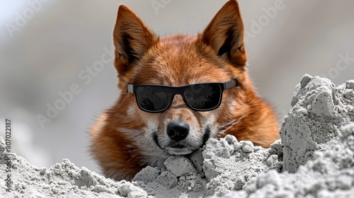   A dog in sunglasses sticks its tongue out, head extended from a sand pile photo